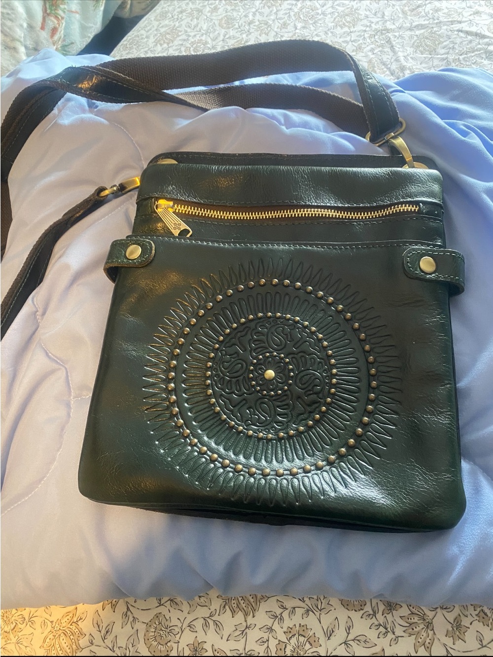 Patricia Nash Dark Green Embossed Leather Crossbody 11 inches high 9 1/2 long